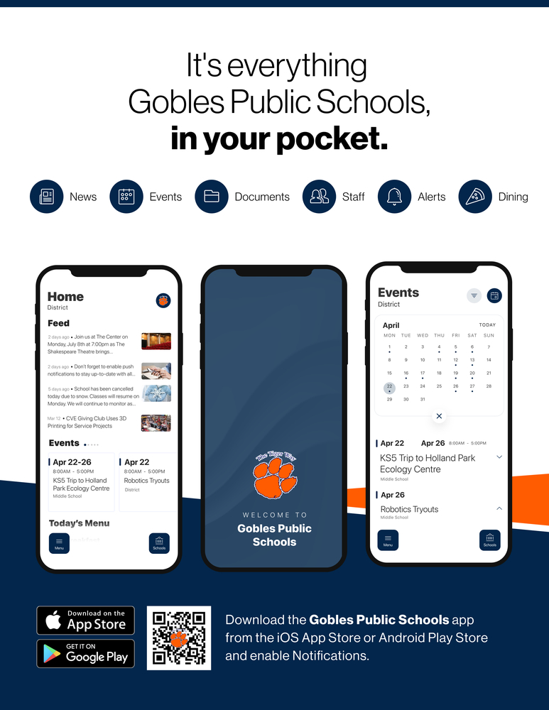 Gobles Public Schools App in your pocket Image - Call 628-9390 for more details