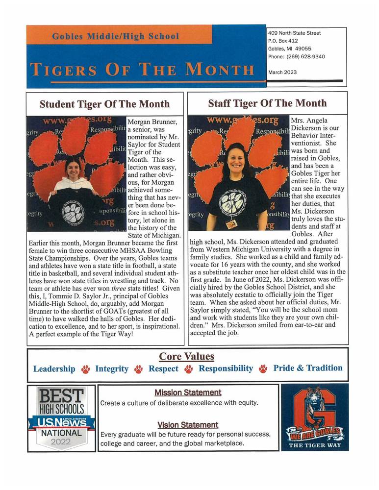 Tiger of the Month - Morgan Brunner & Mrs. Dickerson