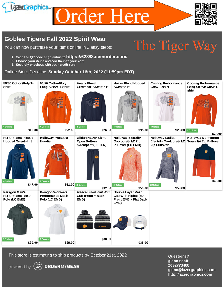 Tiger Gear Store Image-see website to order https://62883.itemorder.com/shop/home/  or call 269-628-9394.